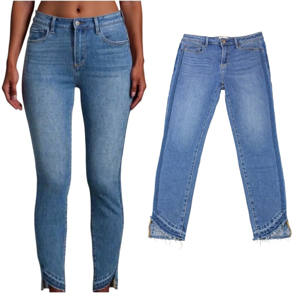 DRIFTWOOD Jackie High Rise Embroidered Aztec Print Step Crop Jeans 29 Frayed Hem
